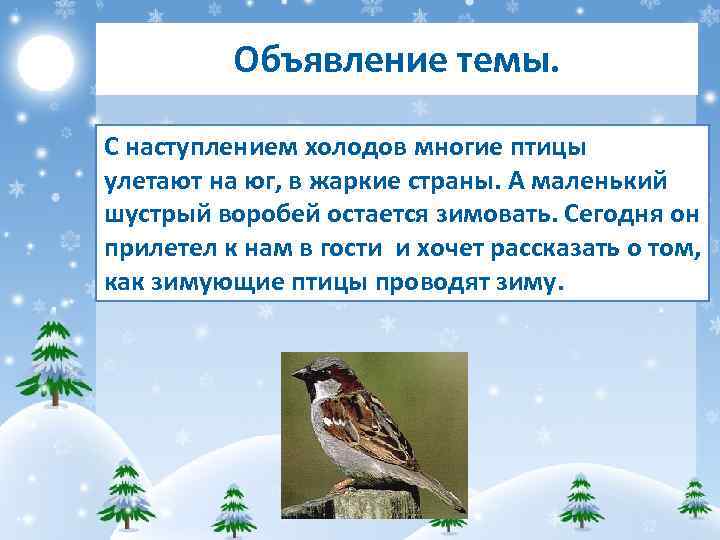 Объявление темы. С наступлением холодов многие птицы улетают на юг, в жаркие страны. А