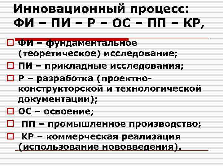 Инновационный процесс: ФИ – ПИ – Р – ОС – ПП – КР, o