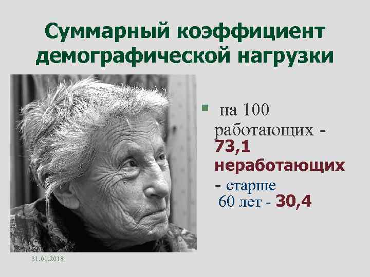 Суммарный коэффициент демографической нагрузки § на 100 работающих - 73, 1 неработающих - старше
