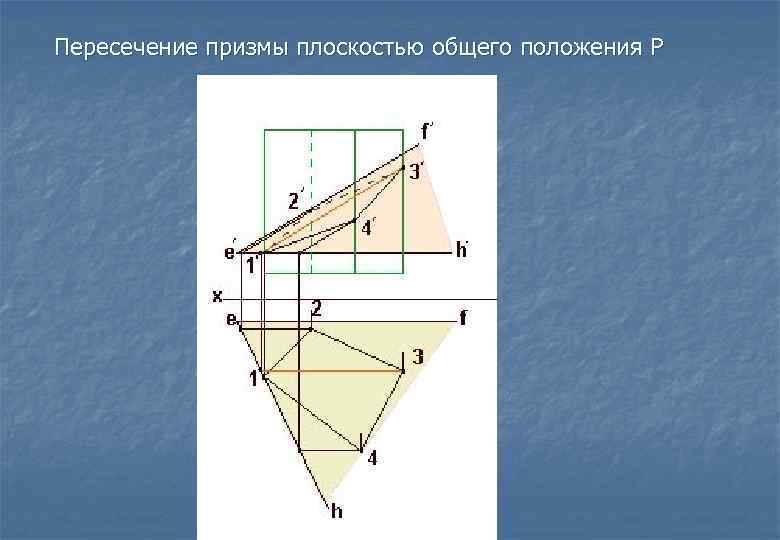 Пересечение прямой призмы плоскостью авс. Пересечение Призмы плоскостью общего положения. Плоскость общего положения. Пересечение треугольной Призмы плоскостью. Пересечение Призмы проецирующей плоскостью.