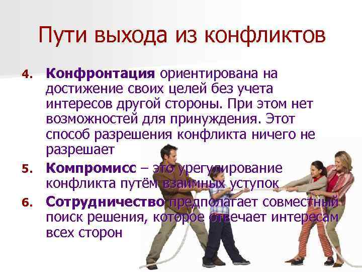 Пути выхода из конфликтов Конфронтация ориентирована на достижение своих целей без учета интересов другой
