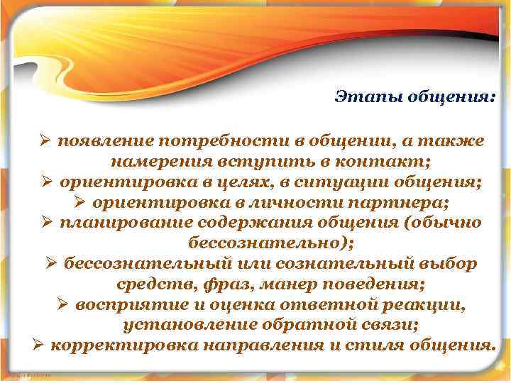 Этапы общения: Ø появление потребности в общении, а также намерения вступить в контакт; Ø