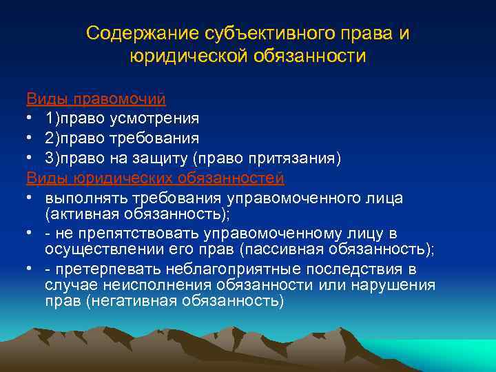 Содержание субъективного права и юридической обязанности Виды правомочий • 1)право усмотрения • 2)право требования