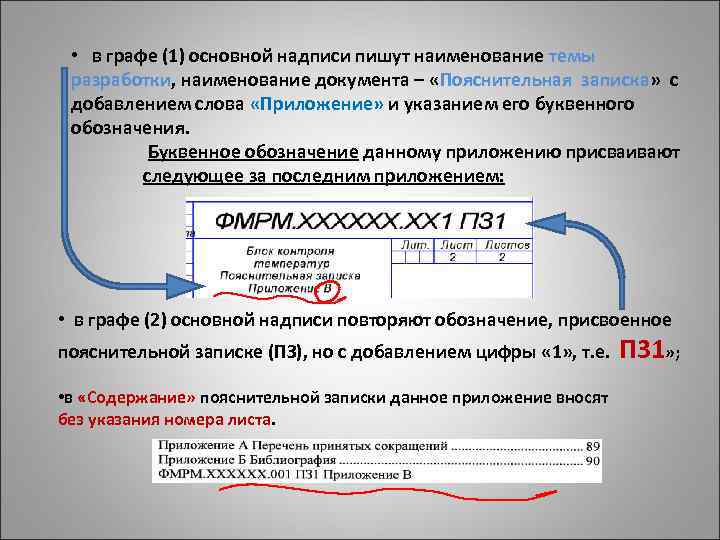  • в графе (1) основной надписи пишут наименование темы разработки, наименование документа –