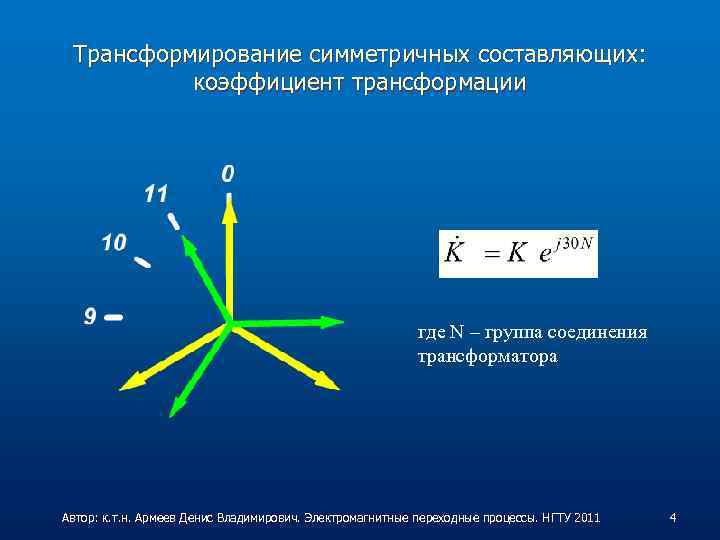 Трансформирование симметричных составляющих: коэффициент трансформации где N – группа соединения трансформатора Автор: к. т.