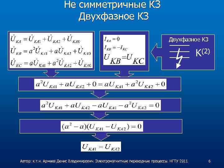 Не симметричные КЗ Двухфазное КЗ K(2) Автор: к. т. н. Армеев Денис Владимирович. Электромагнитные