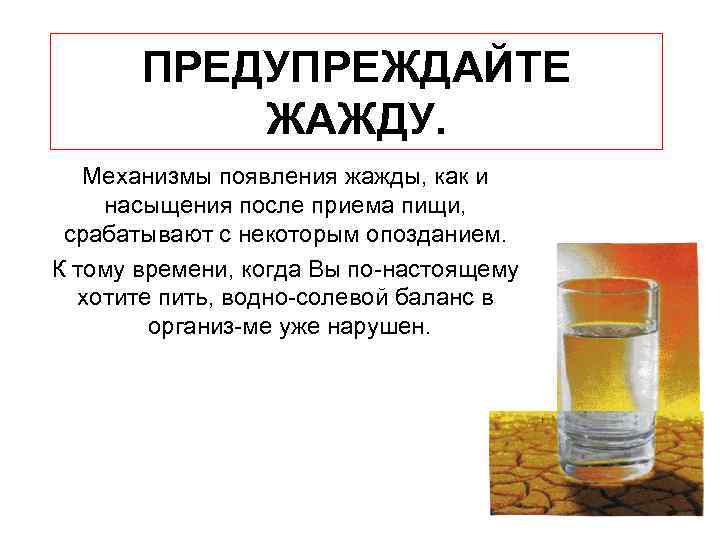 ПРЕДУПРЕЖДАЙТЕ ЖАЖДУ. Механизмы появления жажды, как и насыщения после приема пищи, срабатывают с некоторым