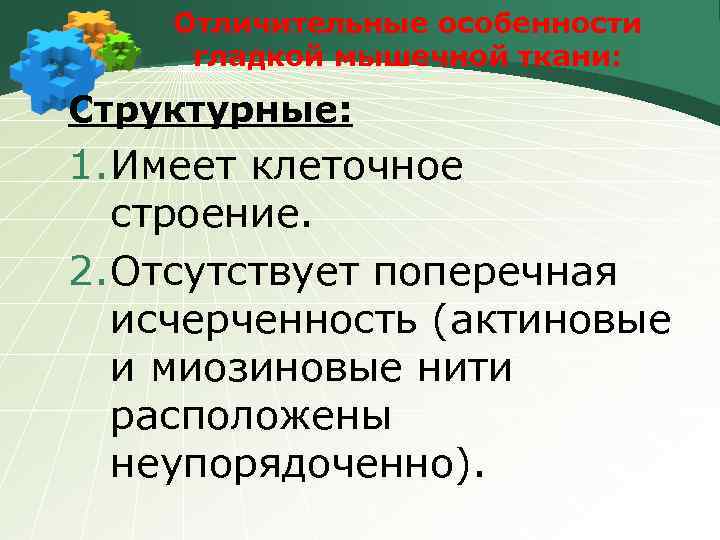 Отличительные особенности гладкой мышечной ткани: Структурные: 1. Имеет клеточное строение. 2. Отсутствует поперечная исчерченность
