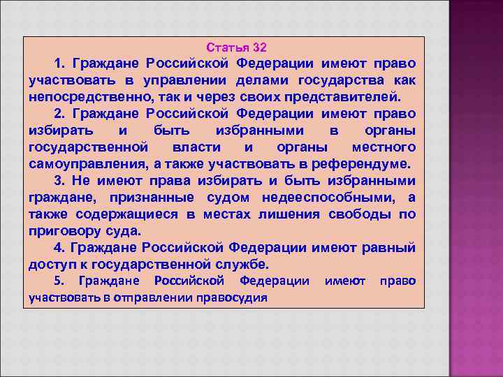 Статья 32 1. Граждане Российской Федерации имеют право участвовать в управлении делами государства как