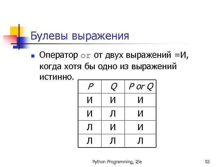 Булевы выражения n Оператор or от двух выражений =И, когда хотя бы одно из