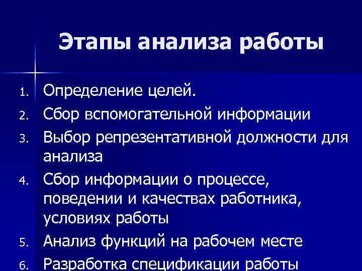 Этапы анализа работы 1. 2. 3. 4. 5. 6. Определение целей. Сбор вспомогательной информации
