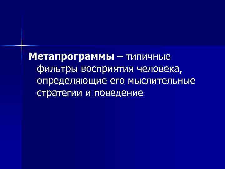 Метапрограммы – типичные фильтры восприятия человека, определяющие его мыслительные стратегии и поведение 