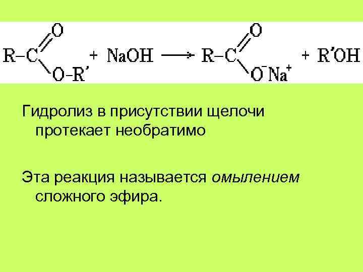 Гидролиз в присутствии щелочи протекает необратимо Эта реакция называется омылением сложного эфира. 