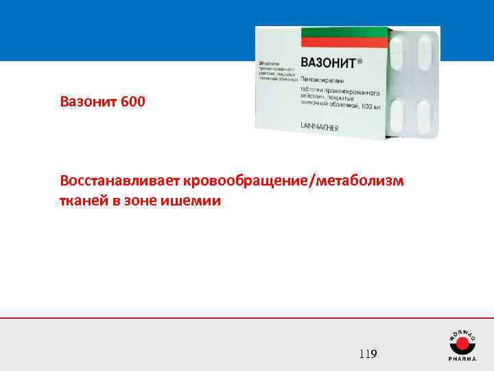 Вазонит 600 Восстанавливает кровообращение/метаболизм тканей в зоне ишемии 119 