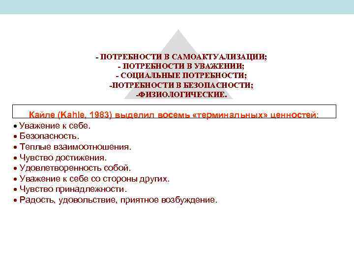 - ПОТРЕБНОСТИ В САМОАКТУАЛИЗАЦИИ; - ПОТРЕБНОСТИ В УВАЖЕНИИ; - СОЦИАЛЬНЫЕ ПОТРЕБНОСТИ; -ПОТРЕБНОСТИ В БЕЗОПАСНОСТИ;