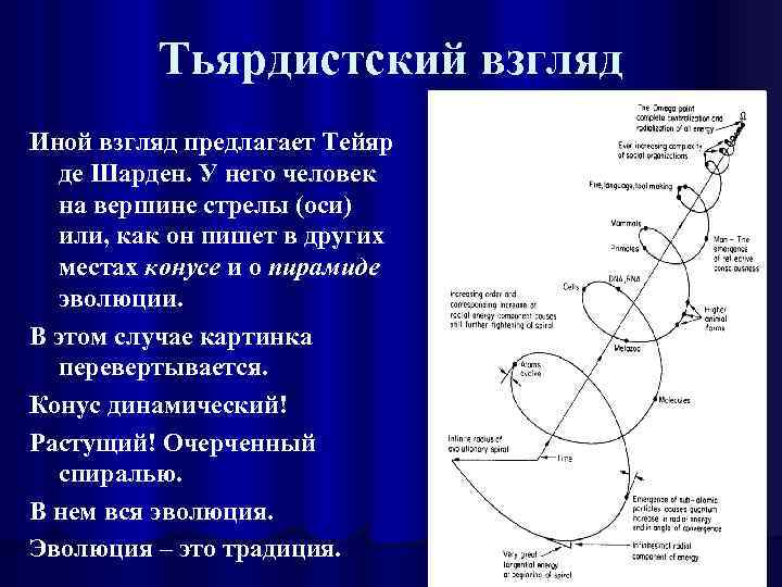 Тьярдистский взгляд Иной взгляд предлагает Тейяр де Шарден. У него человек на вершине стрелы