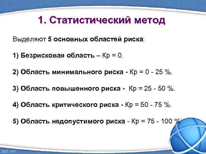 1. Статистический метод Выделяют 5 основных областей риска: риска 1) Безрисковая область – Кр