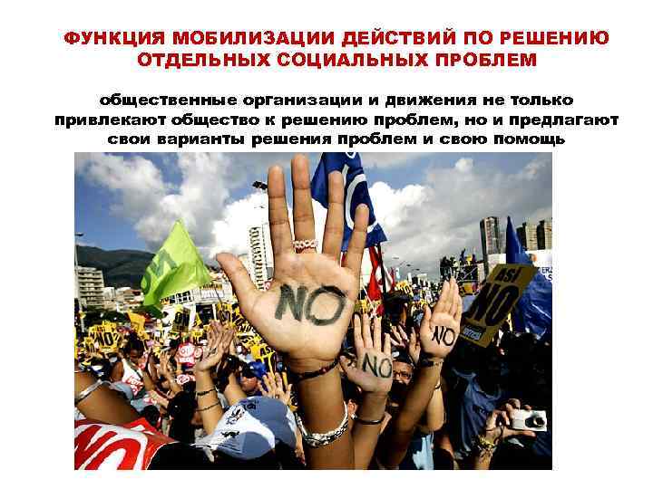 ФУНКЦИЯ МОБИЛИЗАЦИИ ДЕЙСТВИЙ ПО РЕШЕНИЮ ОТДЕЛЬНЫХ СОЦИАЛЬНЫХ ПРОБЛЕМ общественные организации и движения не только