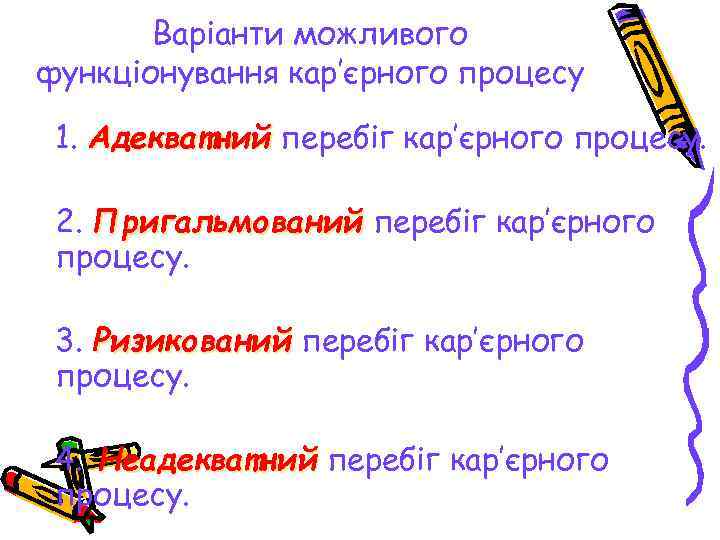 Варіанти можливого функціонування кар’єрного процесу 1. Адекватний перебіг кар’єрного процесу. 2. Пригальмований перебіг кар’єрного