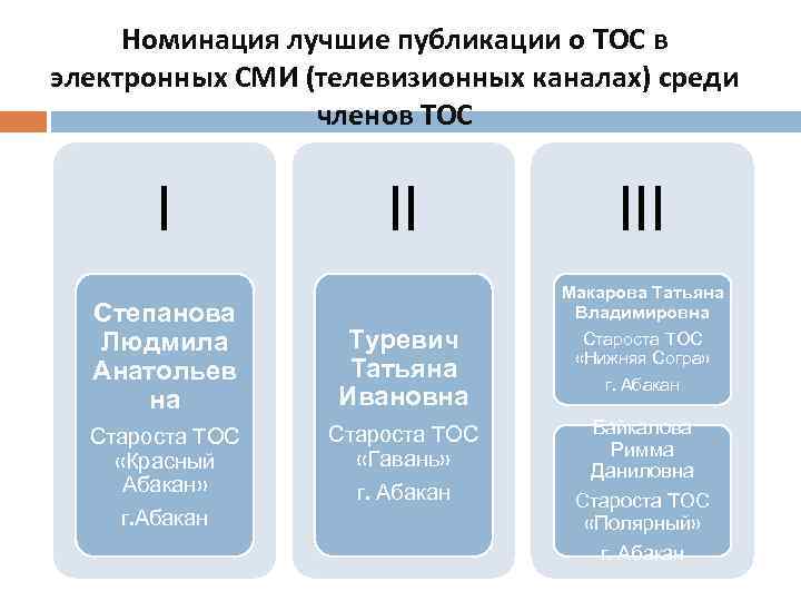Номинация лучшие публикации о ТОС в электронных СМИ (телевизионных каналах) среди членов ТОС I