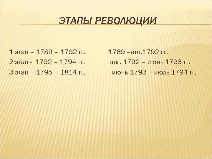 ЭТАПЫ РЕВОЛЮЦИИ 1 этап – 1789 – 1792 гг. 2 этап - 1792 –