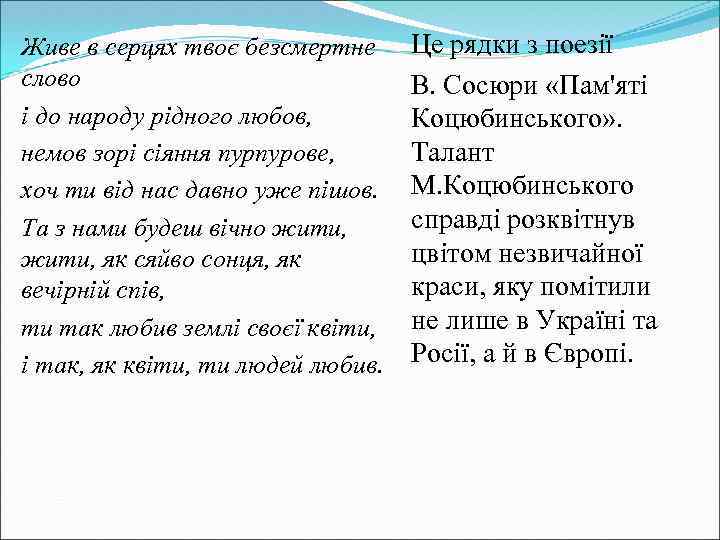 Живе в серцях твоє безсмертне Це рядки з поезії слово В. Сосюри «Пам'яті і