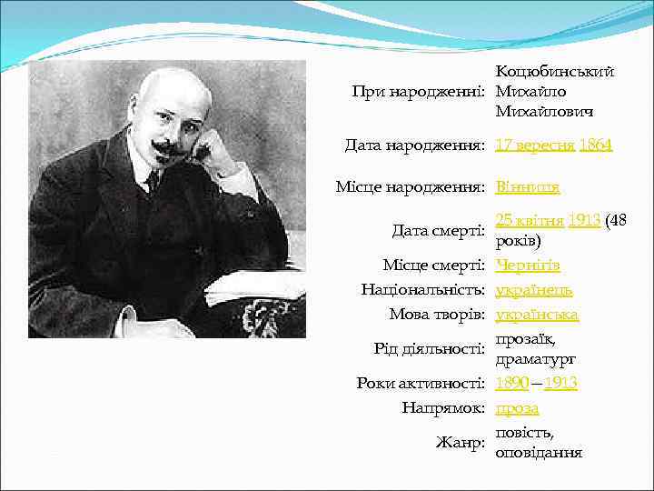 Коцюбинський При народженні: Михайлович Дата народження: 17 вересня 1864 Місце народження: Вінниця Дата смерті:
