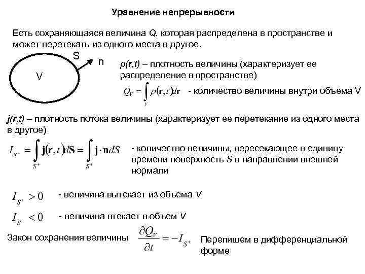 Уравнение непрерывности Есть сохраняющаяся величина Q, которая распределена в пространстве и может перетекать из