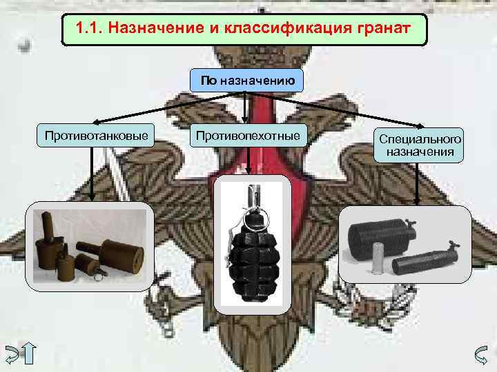 1. 1. Назначение и классификация гранат По назначению Противотанковые Противопехотные Специального назначения 