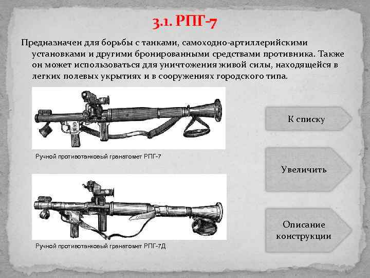 3. 1. РПГ-7 Предназначен для борьбы с танками, самоходно артиллерийскими установками и другими бронированными