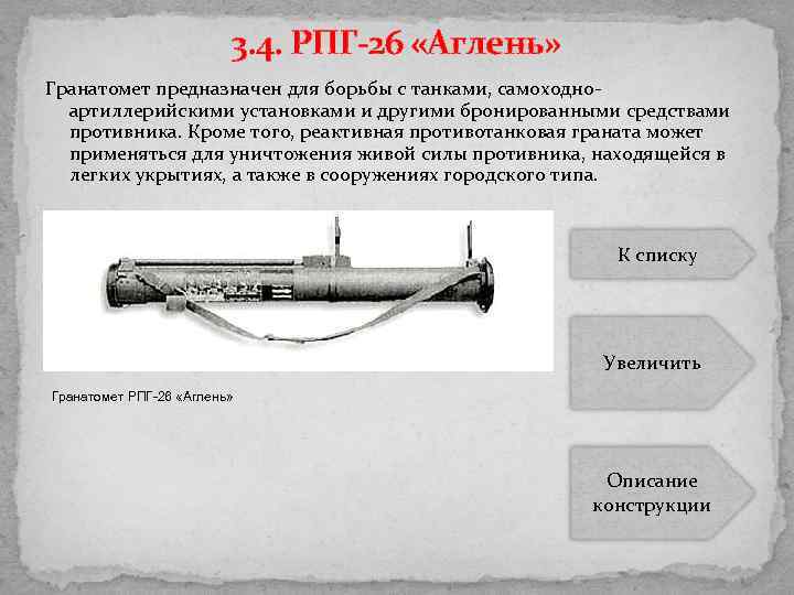 3. 4. РПГ-26 «Аглень» Гранатомет предназначен для борьбы с танками, самоходно артиллерийскими установками и