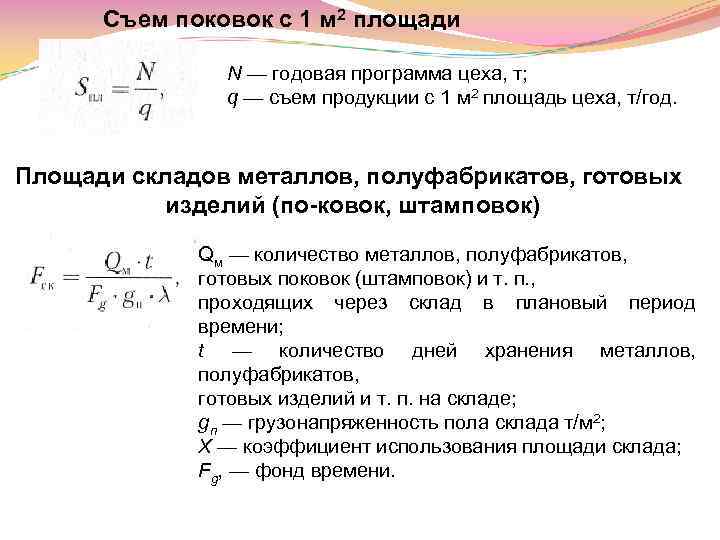 Съем поковок с 1 м 2 площади N — годовая программа цеха, т; q