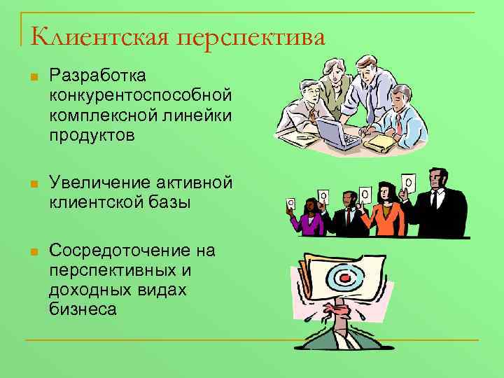 Клиентская перспектива n Разработка конкурентоспособной комплексной линейки продуктов n Увеличение активной клиентской базы n