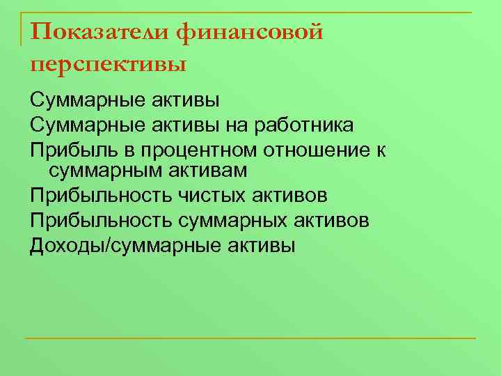 Показатели финансовой перспективы Суммарные активы на работника Прибыль в процентном отношение к суммарным активам