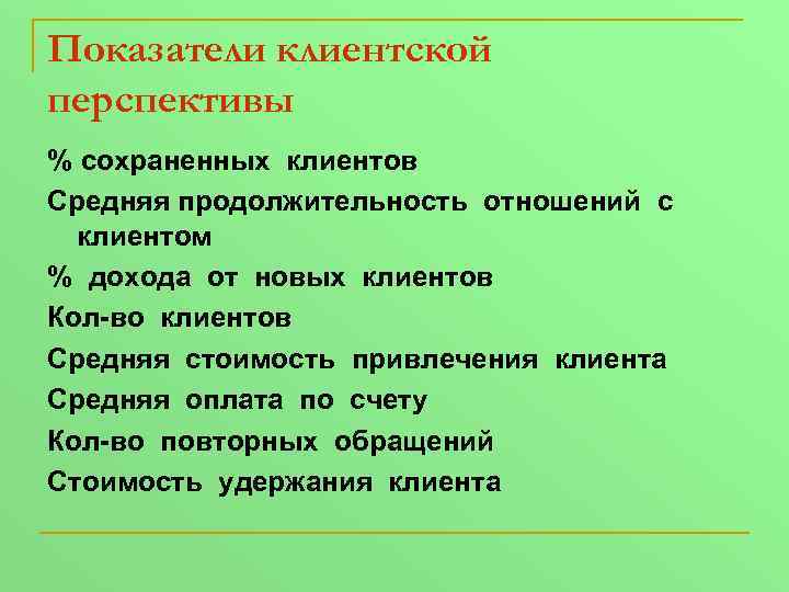 Показатели клиентской перспективы % сохраненных клиентов Средняя продолжительность отношений с клиентом % дохода от