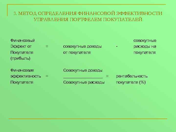3. МЕТОД ОПРЕДЕЛЕНИЯ ФИНАНСОВОЙ ЭФФЕКТИВНОСТИ УПРАВЛЕНИЯ ПОРТФЕЛЕМ ПОКУПАТЕЛЕЙ Финансовый Эффект от Покупателя (прибыль) Финансовая