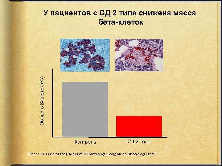 Область β-клеток (%) У пациентов с СД 2 типа снижена масса бета-клеток Контроль СД