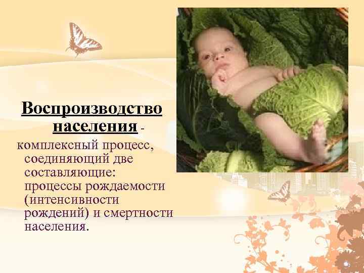 Воспроизводство населения комплексный процесс, соединяющий две составляющие: процессы рождаемости (интенсивности рождений) и смертности населения.