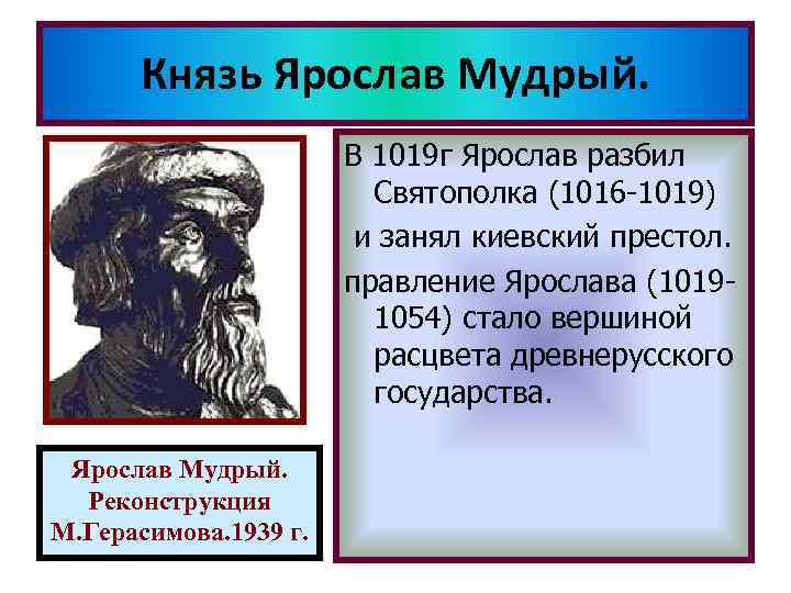 Князь Ярослав Мудрый. В 1019 г Ярослав разбил Святополка (1016 -1019) и занял киевский