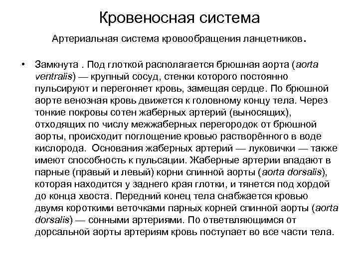 Кровеносная система Артериальная система кровообращения ланцетников . • Замкнута. Под глоткой располагается брюшная аорта