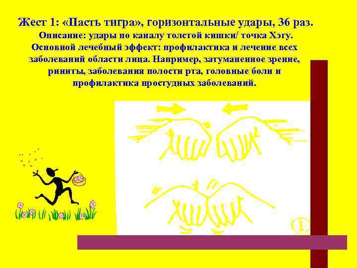 Жест 1: «Пасть тигра» , горизонтальные удары, 36 раз. Описание: удары по каналу толстой