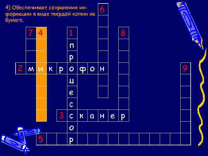 4) Обеспечивает сохранение информации в виде твердой копии на бумаге. 6 7 4 1