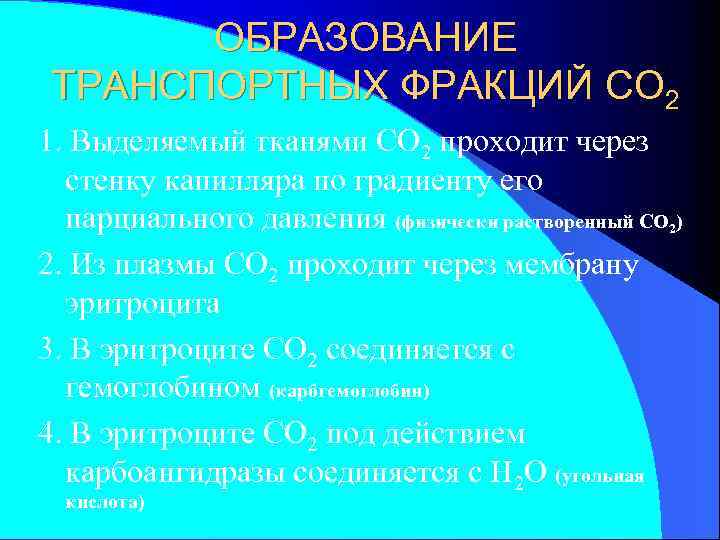 ОБРАЗОВАНИЕ ТРАНСПОРТНЫХ ФРАКЦИЙ СО 2 1. Выделяемый тканями СО 2 проходит через стенку капилляра