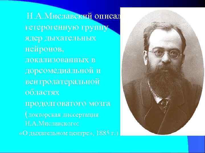 Н. А. Миславский описал гетерогенную группу ядер дыхательных нейронов, локализованных в дорсомедиальной и вентролатеральной
