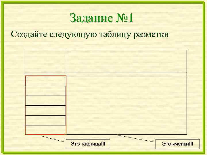 Задание № 1 Создайте следующую таблицу разметки Это таблица!!! Это ячейки!!! 