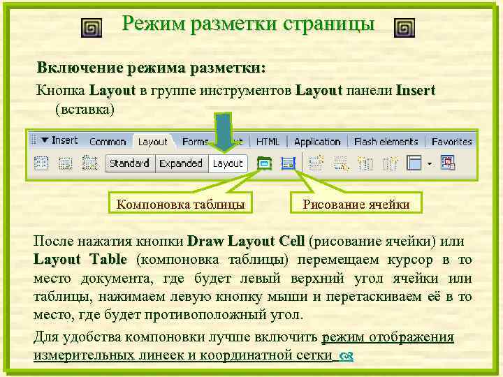 Режим разметки страницы Включение режима разметки: Кнопка Layout в группе инструментов Layout панели Insert
