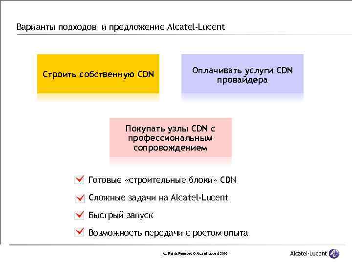 Варианты подходов и предложение Alcatel-Lucent Строить собственную CDN Оплачивать услуги CDN провайдера Покупать узлы