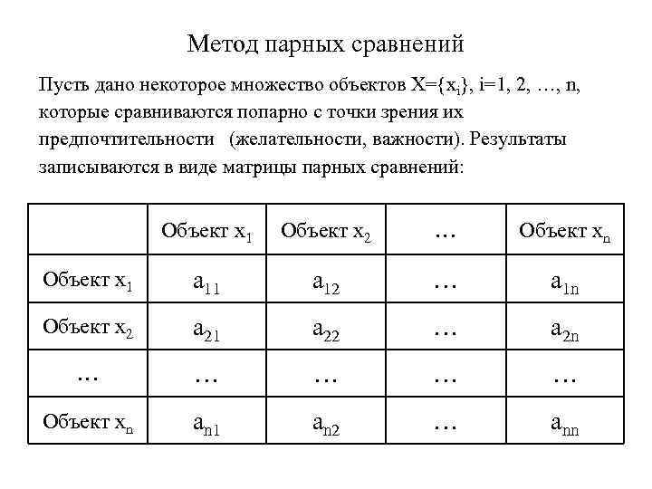 Метод парных сравнений Пусть дано некоторое множество объектов X= xi}, i=1, 2, …, n,