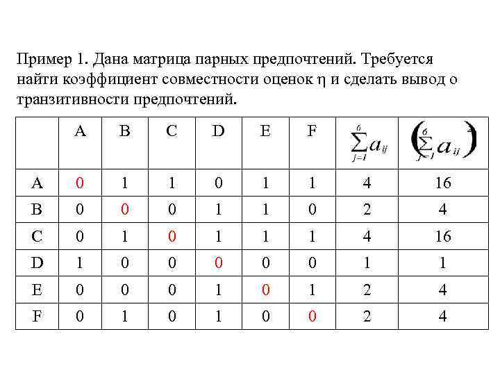 Пример 1. Дана матрица парных предпочтений. Требуется найти коэффициент совместности оценок η и сделать