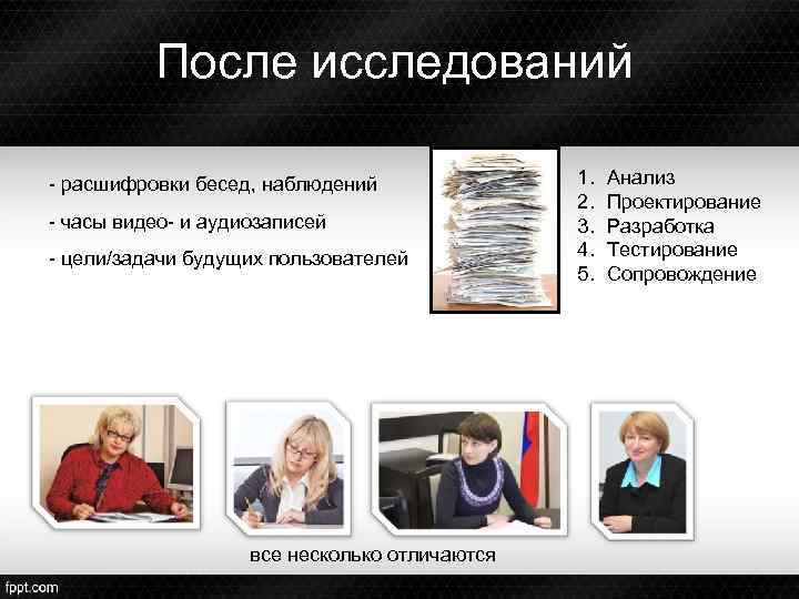После исследований - расшифровки бесед, наблюдений - часы видео- и аудиозаписей - цели/задачи будущих